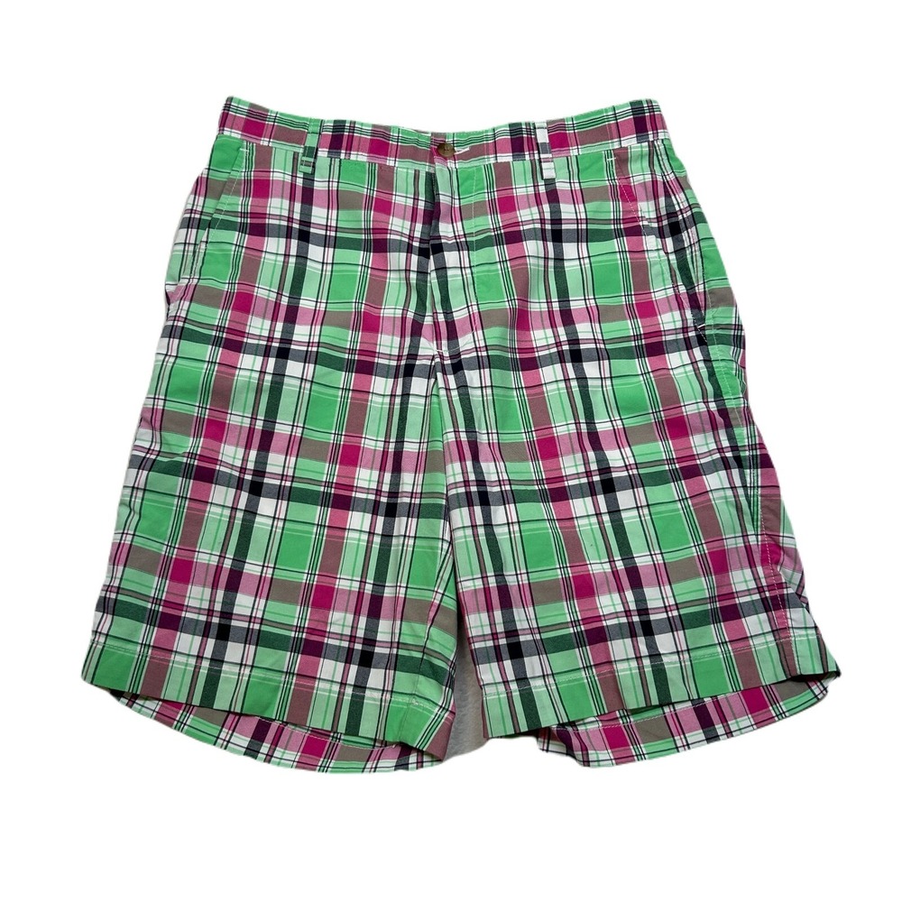 FJ Golf‎ Shorts Mens 30 Green Pink Plaid Flat Front Casual Activewear
